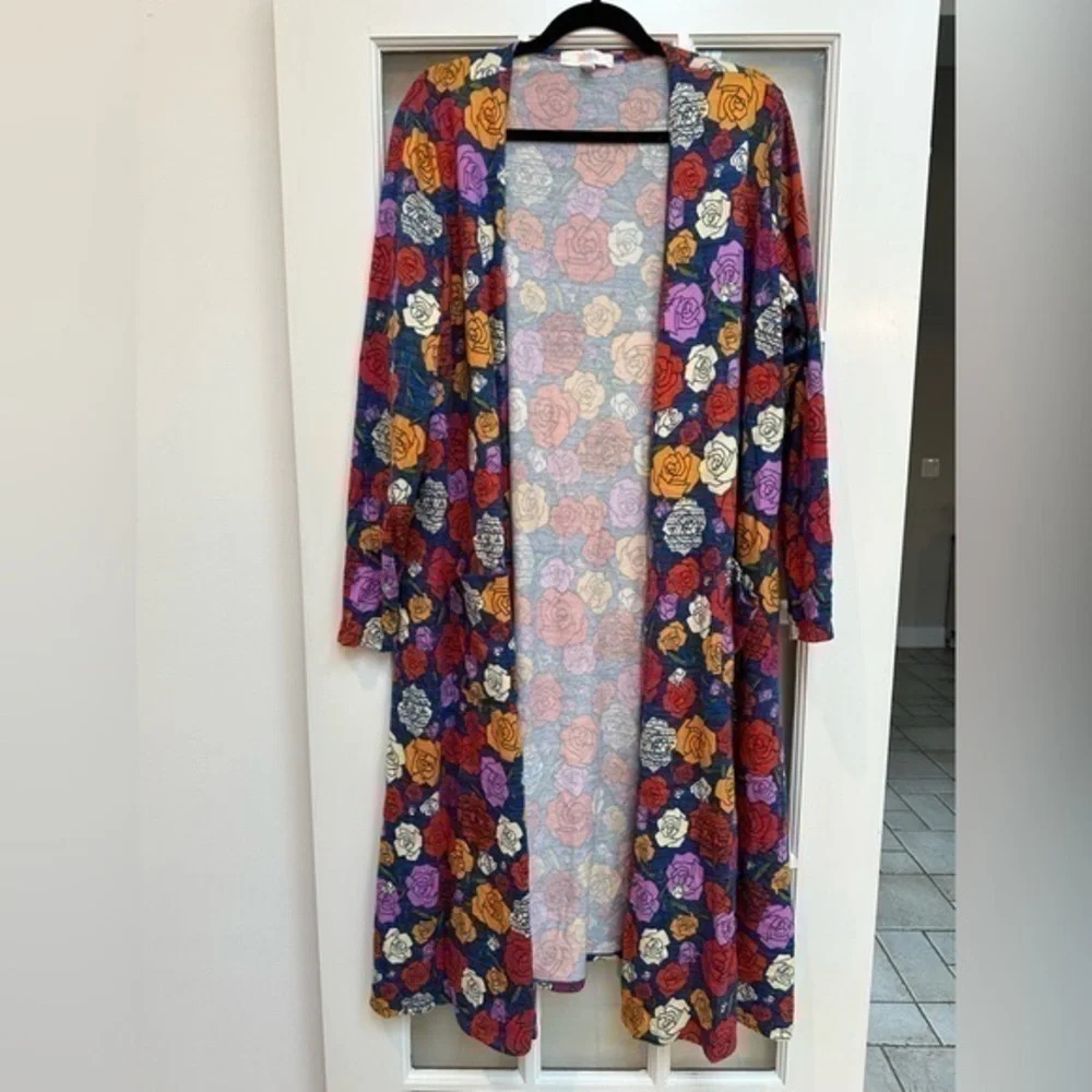 LuLaRoe | Sarah Roses Floral Duster Open Front Cardigan w/ Pockets Size XL